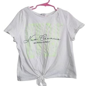 H&M White Kids T-Shirt with Green Print Girls Size 8/10